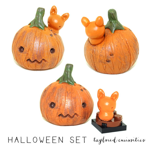tea bunnies halloween set pumpkin mini bunny lego compatible handmade designer toy cute taylored curiosities 2